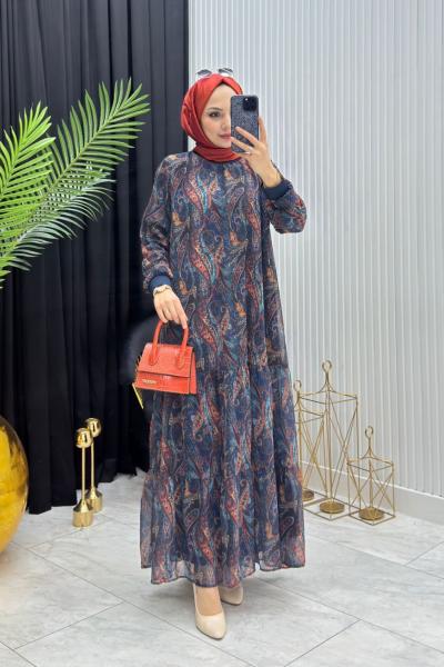 Şal Desen Tesettür Elbise Petrol Petrol Mavisi