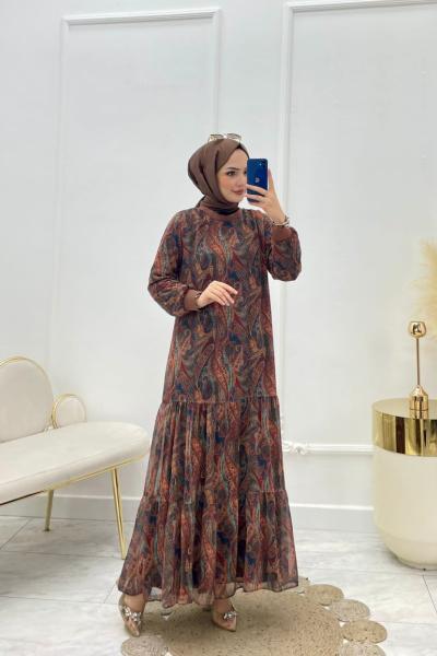 Şal Desen Tesettür Elbise Elbise Kahverengi  Kahverengi