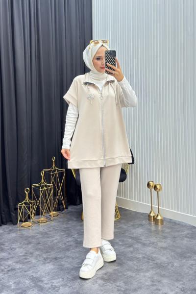 Taş Detay Yelekli Takım Taş Taş