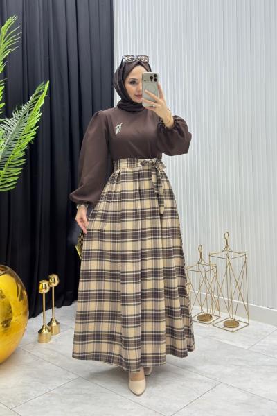 Yade Ekose Elbise Kahverengi  Kahverengi