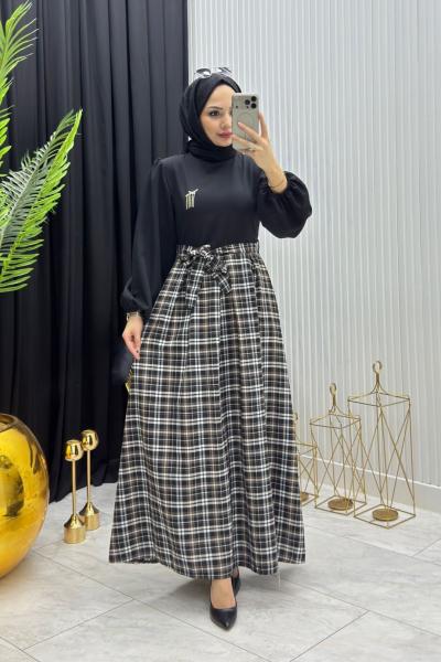 Yade Ekose Elbise Siyah Siyah