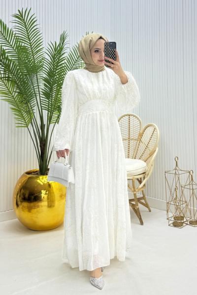 Yaprak Tesettür Elbise Beyaz Beyaz